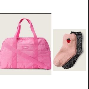 Pink vs quilted duffel bag and marshmallow socks